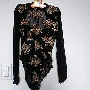 AUBADE BLACK AND GOLD SEMI SHEER BODYSUIT, S